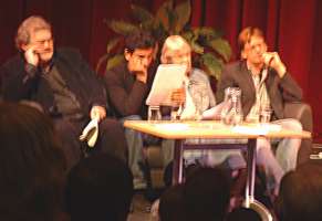 Sean O'Brien, Ace Bhatti, Madeleine Moffat and Paul Magrs waiting for their turn to read