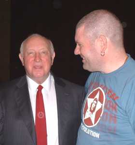 Arthur Scargill, with a member of the audience